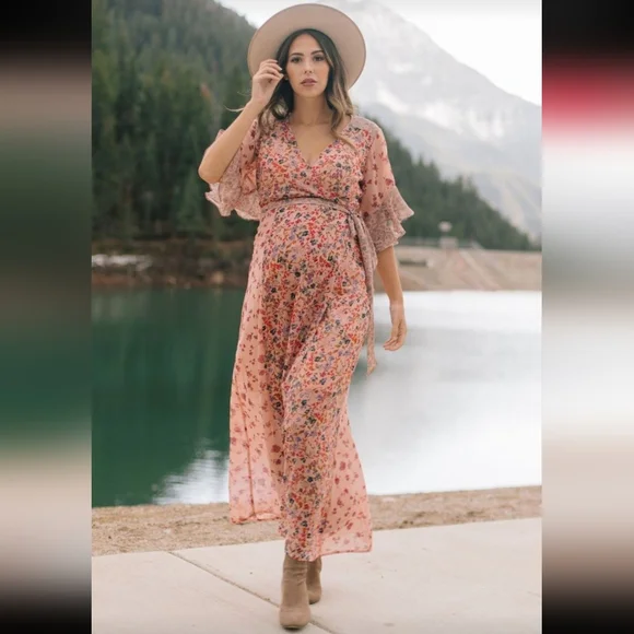 Lovestitch Priscilla Mauve Floral Flowy Wrap Maxi Dress Flutter Slvs Tie Belt LG - Picture 15 of 15